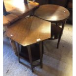 An Arts & Crafts octagonal oak occasional table to/with an inlaid red walnut two tier circular