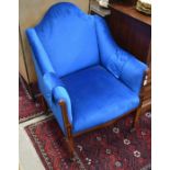 A mahogany inlaid tub chair with blue upholstery