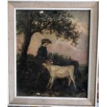 19th century English school - Pastoral scene of girl and calf, oil on canvas, 29 x 24 cm