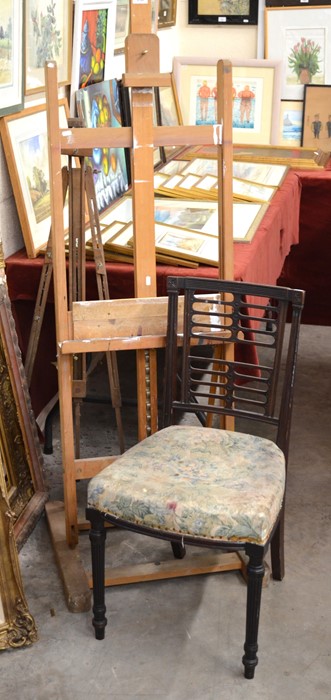 Two vintage adjustable wooden artist easels to/w a 19th century mahogany fret cut side chair (3)