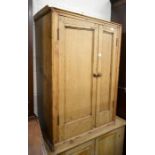 An antique stripped pine cabinet with off-set panelled doors enclosing a shelved interior