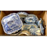 A box of 19th century and later blue transfer printed dinner wares including a Spode tureen and