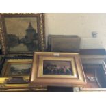 Two crystoleum plough man scenes, two vacant rectangular frames, two country house prints, Dutch