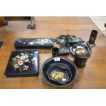 Ten pieces of Chinese and floral paint decorated japanned boxes, dishes, plinth etc.