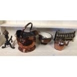 Assorted items to include an oak salad bowl with electroplated mounts, an antique copper 'helmet'