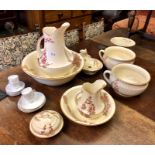 A Victorian toilet set printed with blossom and other china