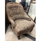 A Victorian button backed parlour chair to/w a mahogany two drawer side table and an occasional