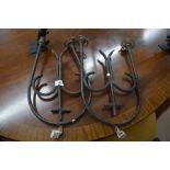 A French metal four branch early electrolier and a pair of black painted metal twin-sconce light