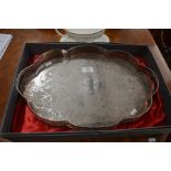 An electroplated engraved and galleried oval tray in presentation box