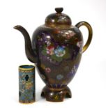 A Japanese cloisonne enamel ewer, Meiji/Taisho Period and a cloisonne enamel cylindrical vessel