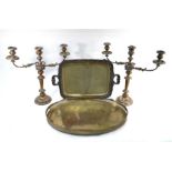Two Victorian candelabra and two trays