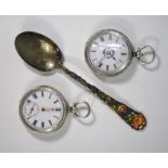 Two fob watches and a teaspoon