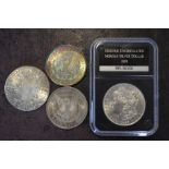 Three US silver dollars and 1780 Maria Theresa Thaler