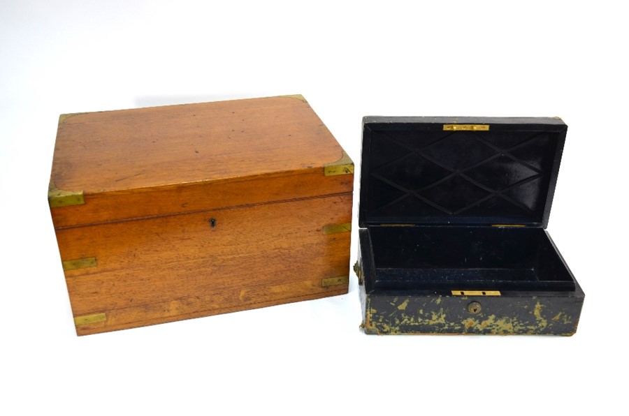 A Victorian brass-bound oak box with baize lining