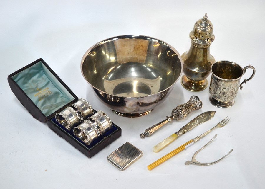 Silver Christening mug, sugar caster, sugar tongs, matchbook cover and electroplated wares