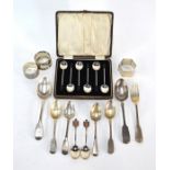 A cased set of six coffee spoons, varios Georgian and later flatware and three napkin rings