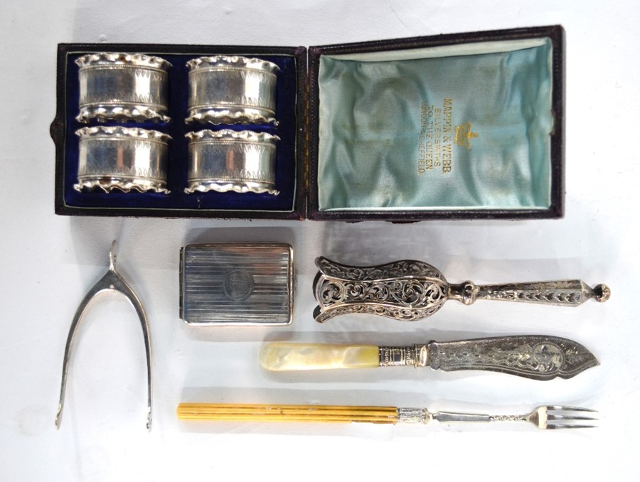 Silver Christening mug, sugar caster, sugar tongs, matchbook cover and electroplated wares - Image 2 of 3