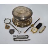 A silver trinket box, wristwatches and other items