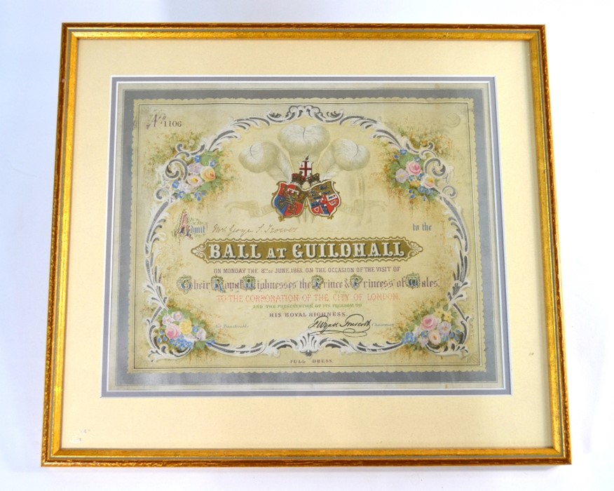 Victorian framed invitation to a ball at Guildhall, London