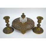 A good quality Empire-style 19th century circular brass ink stand and candlesticks