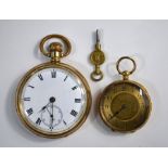 An engraved 18k fob watch and a gilt metal open-faced pocket watch