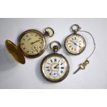 A Victorian silver fob watch, Tissot gilt metal hunter pocket watch and a nickel pocket watch