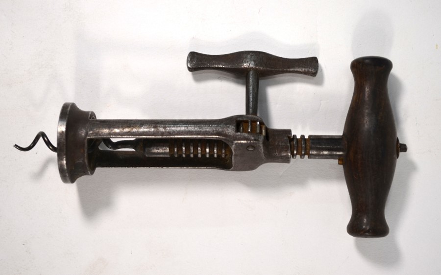 A Victorian steel two-pillar rack-and-pinion corkscrew with turned wood handle - Image 2 of 2