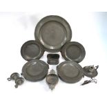 A quantity of antique pewter