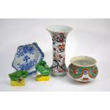 A Japanese Imari vase, a Chinese spoon tray, a famille verte pot and two susancai ducks