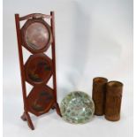 A pair of late Qing Chinese bamboo brush pots, famille rose plate and cake stand