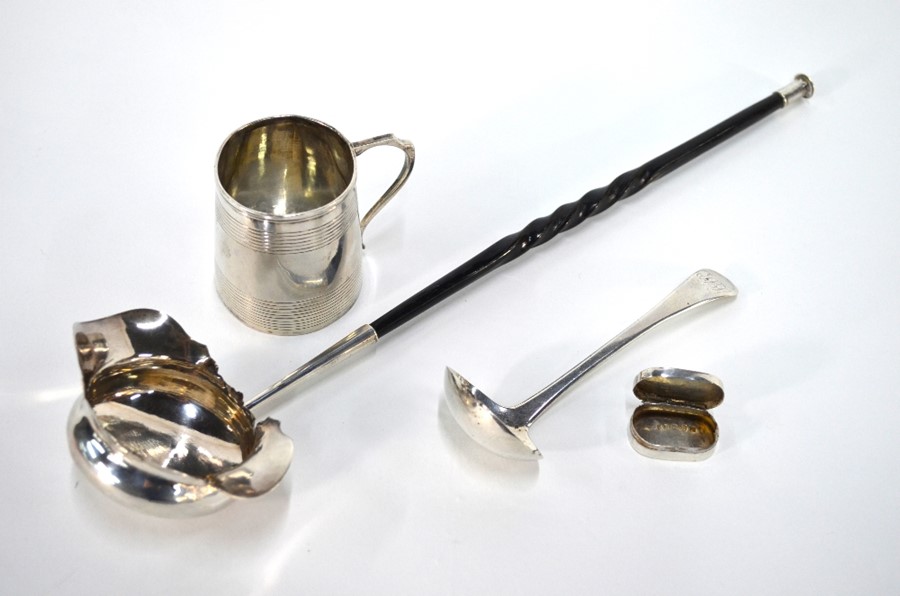A George III silver mug, small ladle and vinaigrette and Edwardian punch ladle