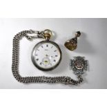 A Waltham pocket watch in silver case on silver double Albert curb chain