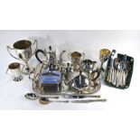 Three silver trophy cups and electroplated wares