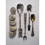 A set of five Victorian silver button, three Continental spoons and a pickle fork