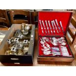 A teak canteen of Kings pattern silver plated cutlery to/w a box of silver plated wares