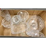 A box of cut glass including three vases and a footed bowl