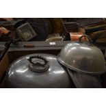 Two boxes of assorted decorative metal-ware to include; meat domes, pewter platters, copper pan,