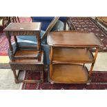 An Ercol style dark elm three-tier trolley to/w a joint stool with turned supports united by