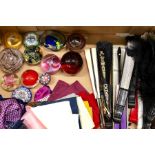 Box of 12 paperweights including two Caithness examples to/w a collection of fans and silk scarves/