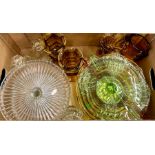 A box of mainly 1930's coloured glass including three bowls, vases to/w two tazzas and a pair of