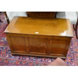 A panelled oak coffer with hinged and cleated top