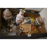 A mixed box to include glass hors d'oeuvres dishes, boxed J. W. Young Beaudex 3.5" fishing reel,