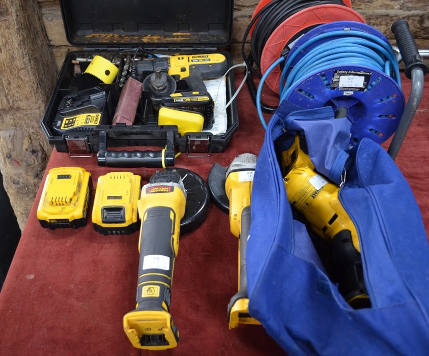 Dewalt power tools, two 18v angle grinders, recipro saw, combi drill and various hand tools, two