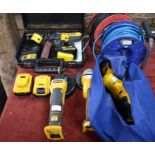 Dewalt power tools, two 18v angle grinders, recipro saw, combi drill and various hand tools, two
