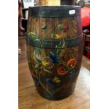 A small oak coopered barrel painted with stylised flowers and foliiage