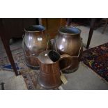 Two antique copper milk churns and a copper pitcher (3)