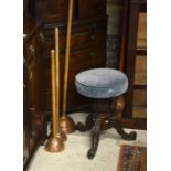 A Victorian mahogany revolving piano stool to/w three copper wooden handled dollies and copper