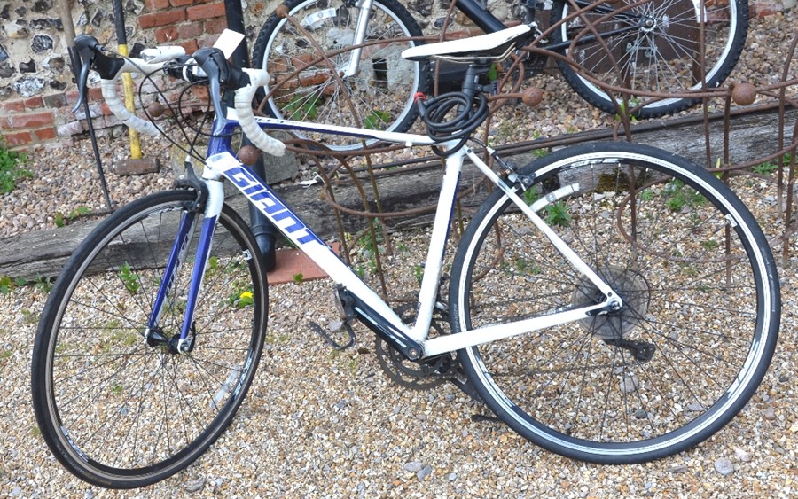 A Giant Defy road bike, white and blue frame [p18088048]