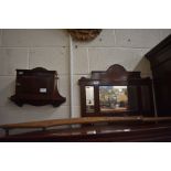 A foliate carved oak curved tray, a triple plate mahogany wall mirror and a small cupboard (3)