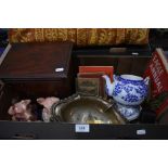 Box of mixed items to include three Wade pig money boxes, vintage road maps, mahogany miniature